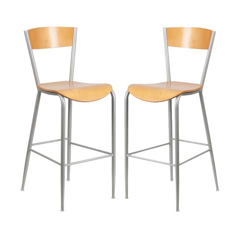 Home Square Metal Restaurant Bar Stool in Natural and Silver - Set of 2