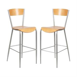 Home Square Metal Restaurant Bar Stool in Natural and Silver - Set of 2