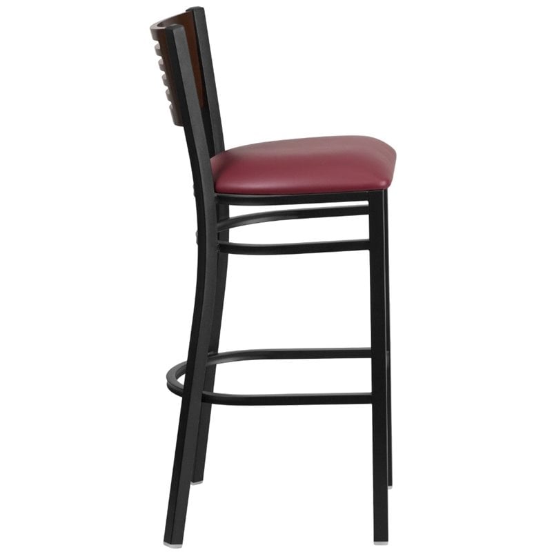 Home Square Metal Restaurant Bar Stool in Burgundy and Walnut - Set of 2