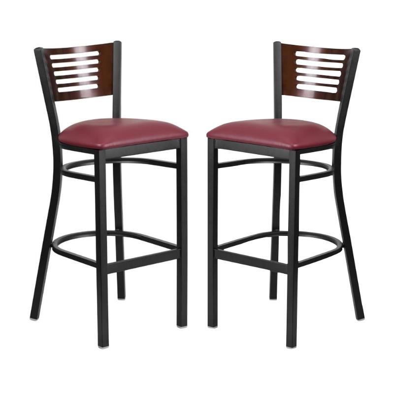 Home Square Metal Restaurant Bar Stool in Burgundy and Walnut - Set of 2