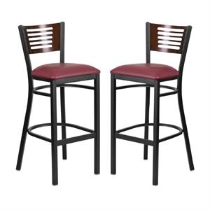 Home Square Metal Restaurant Bar Stool in Burgundy and Walnut - Set of 2