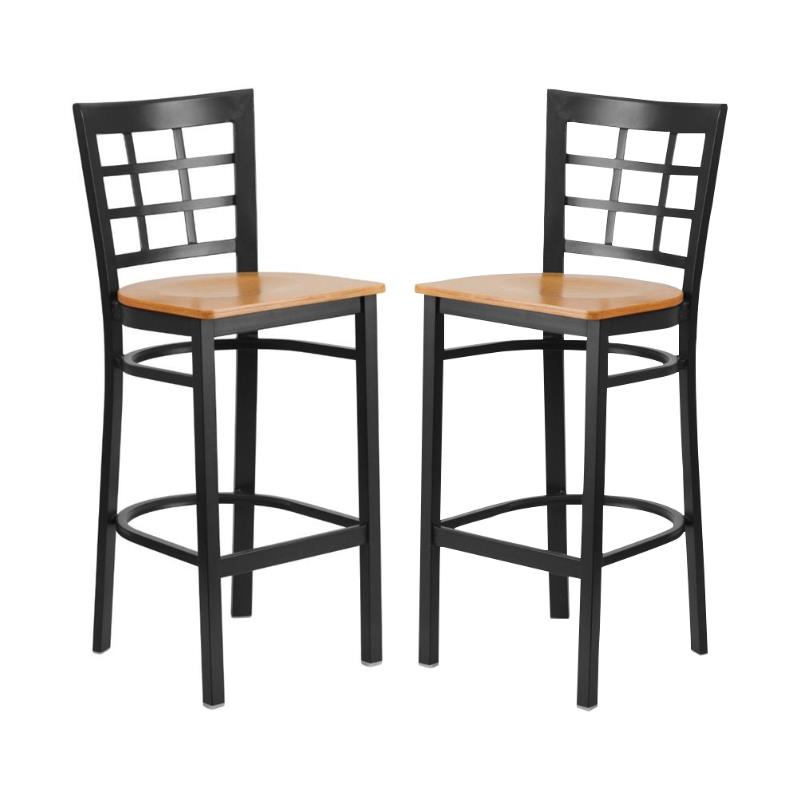 Home Square Metal Window Back Bar Stool in Black and Natural Finish - Set of 2