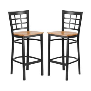 Home Square Metal Window Back Bar Stool in Black and Natural Finish - Set of 2