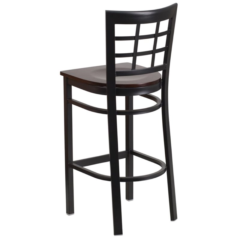 Home Square Metal Window Back Bar Stool in Black and Walnut - Set of 2