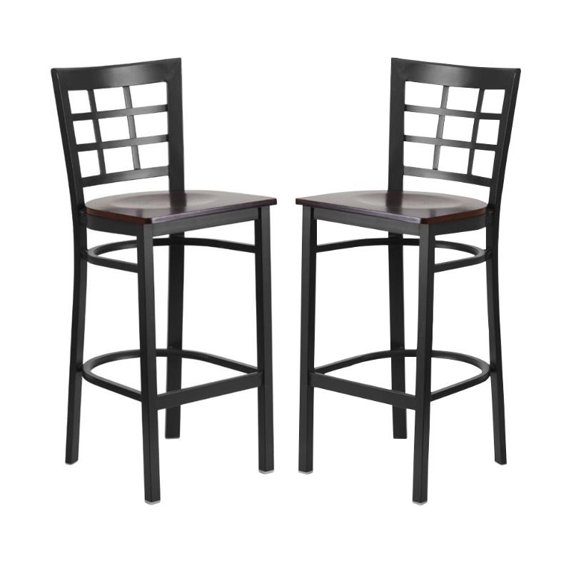 Home Square Metal Window Back Bar Stool in Black and Walnut - Set of 2