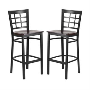 Home Square Metal Window Back Bar Stool in Black and Walnut - Set of 2