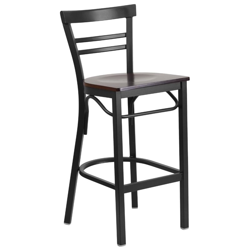 Home Square Metal Restaurant Bar Stool in Black and Walnut - Set of 2