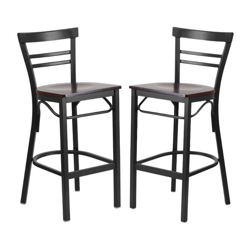 Home Square Metal Restaurant Bar Stool in Black and Walnut - Set of 2