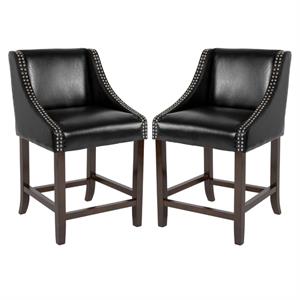 Home Square Carmel 24&quot Leather Counter Stool in Black and Walnut - Set of 2