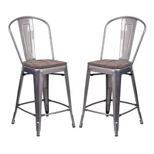 Home Square 24&quot Metal Counter Stool in Gray and Wood Grain - Set of 2