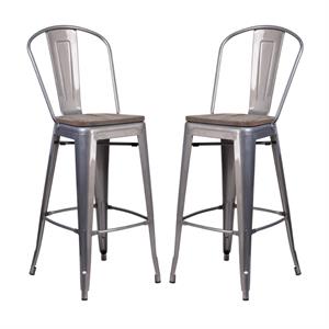 Home Square 30&quot Metal Bar Stool in Gray and Wood Grain - Set of 2