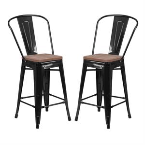 Home Square 24&quot Metal Counter Stool in Black and Wood Grain - Set of 2