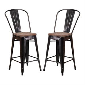Home Square 24&quot Metal Counter Stool In Black-Antique Gold - Set of 2