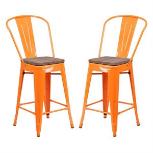 Home Square 24&quot Metal Counter Stool in Orange and Wood Grain - Set of 2