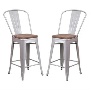 Home Square 24&quot Metal Counter Stool in Silver and Wood Grain - Set of 2