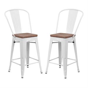 Home Square 24&quot Metal Counter Stool in White and Wood Grain - Set of 2