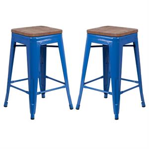 Home Square 24&quot Backless Metal Counter Stool in Blue - Set of 2