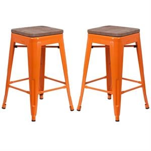 Home Square 24&quot Backless Metal Counter Stool in Orange - Set of 2