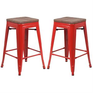 Home Square 24&quot Backless Metal Counter Stool in Red and Wood Grain - Set of 2
