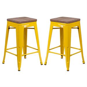 Home Square 24&quot Backless Metal Counter Stool in Yellow - Set of 2