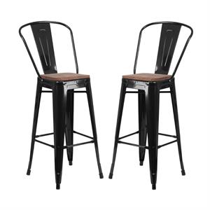 Home Square 30&quot Metal Bar Stool in Black and Wood Grain - Set of 2