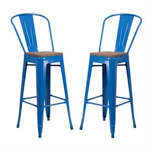 Home Square 30&quot Metal Bar Stool in Blue and Wood Grain - Set of 2