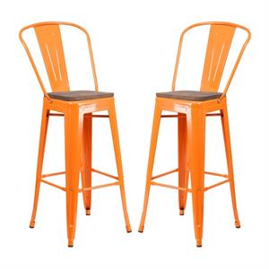 Home Square 30&quot Metal Bar Stool in Orange and Wood Grain - Set of 2