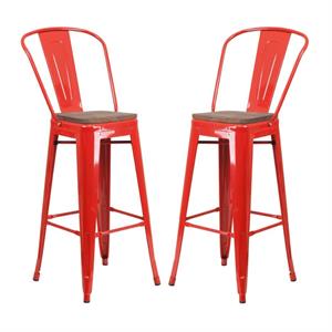 Home Square 30&quot Metal Bar Stool in Red and Wood Grain - Set of 2