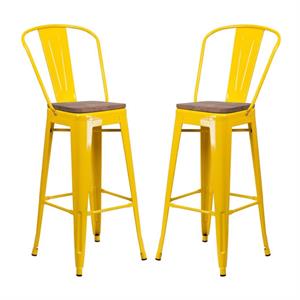 Home Square 30&quot Metal Bar Stool in Yellow and Wood Grain - Set of 2