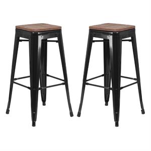 Home Square 30&quot Backless Metal Bar Stool in Black and Wood Grain - Set of 2
