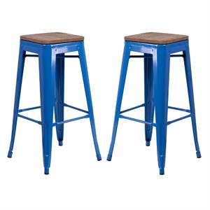 Home Square 30&quot Backless Metal Bar Stool in Blue and Wood Grain - Set of 2