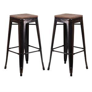 Home Square 30&quot Backless Metal Stool In Black-Antique Gold - Set of 2