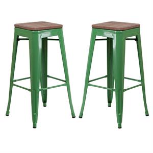 Home Square 30&quot Backless Metal Bar Stool in Green and Wood Grain - Set of 2