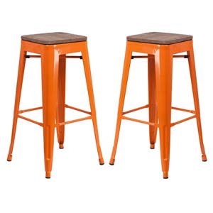Home Square 30&quot Backless Metal Bar Stool in Orange and Wood Grain - Set of 2