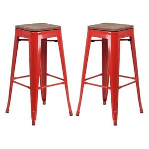 Home Square 30&quot Backless Metal Bar Stool in Red and Wood Grain - Set of 2