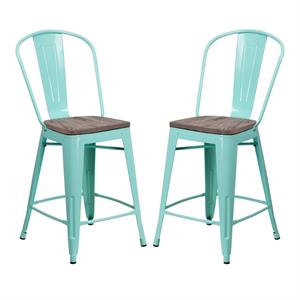 Home Square 24&quot Metal Counter Stool in Mint Green and Wood Grain - Set of 2