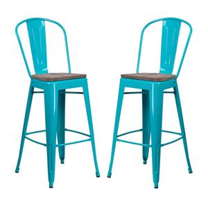 Home Square 30&quot Metal Bar Stool in Crystal Teal and Wood Grain - Set of 2