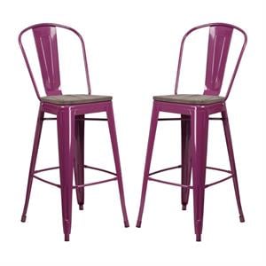 Home Square 30&quot Metal Bar Stool in Purple and Wood Grain - Set of 2