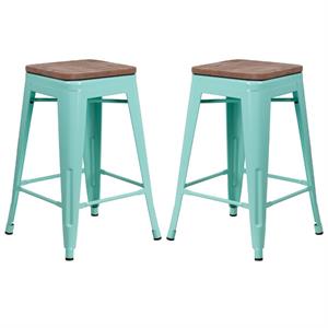 Home Square 24&quot Backless Metal Counter Stool in Mint Green - Set of 2