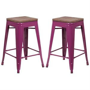 Home Square 24&quot Backless Metal Counter Stool in Purple - Set of 2