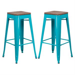 Home Square 30&quot Backless Metal Bar Stool in Crystal Teal - Set of 2