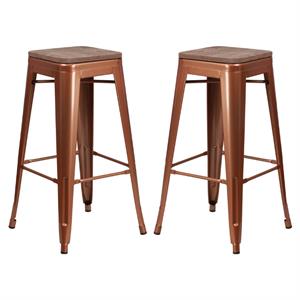 Home Square 30&quot Backless Metal Bar Stool in Copper and Wood Grain - Set of 2