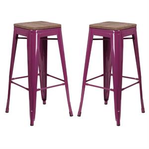 Home Square 30&quot Backless Metal Bar Stool in Purple and Wood Grain - Set of 2