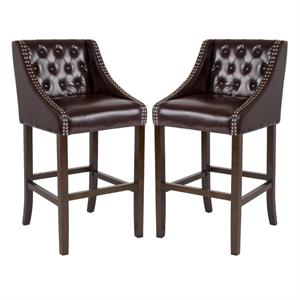 Home Square 30&quot Leather Tufted Bar Stool in Brown and Walnut - Set of 2