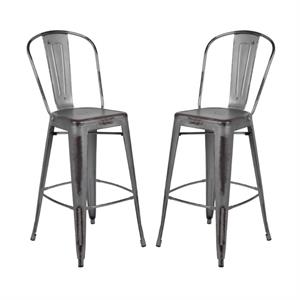 Home Square 30&quot Metal Slat Back Bar Stool in Distressed Silver Gray - Set of 2