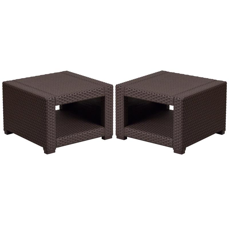 Home Square Wicker Patio End Table in Chocolate Brown - Set of 2