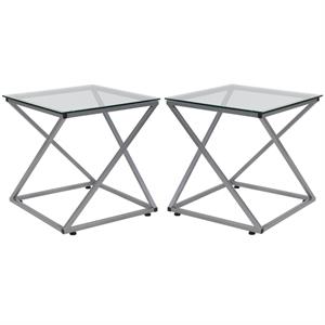 home square tempered glass top end table in silver - set of 2