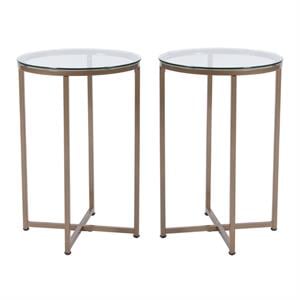 Home Square Greenwich 16&quot Round Glass Top End Table in Matte Gold - Set of 2