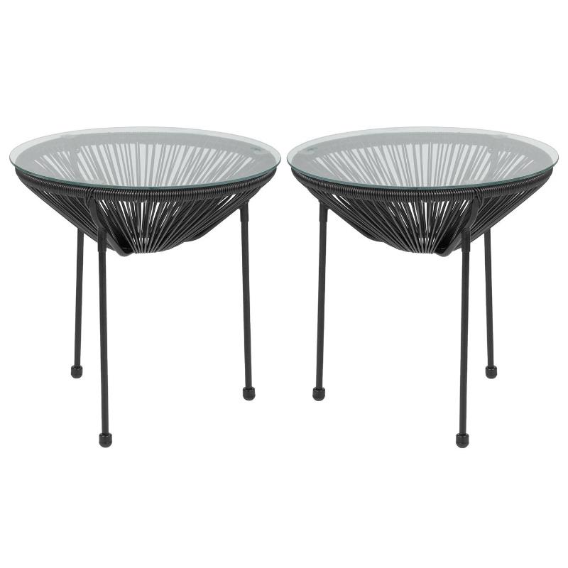 Home Square Valencia Glass Top Patio End Table in Black - Set of 2