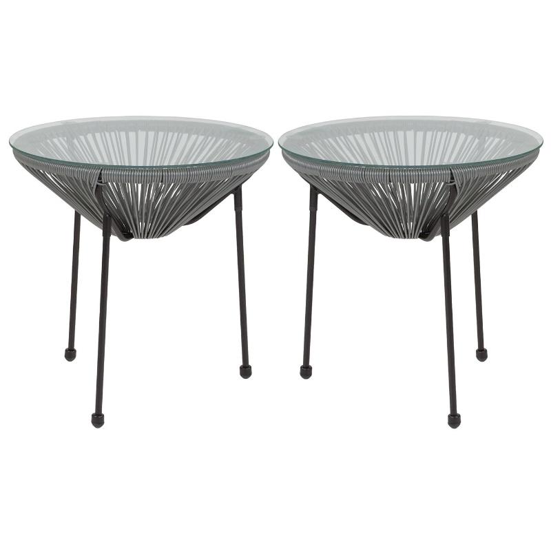 Home Square Valencia Glass Top Patio End Table in Gray and Black - Set of 2